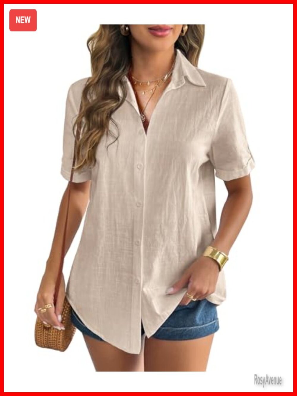 Linen Button Down Shirt Cuffed Short Sleeve V Neck Casual Beach Top